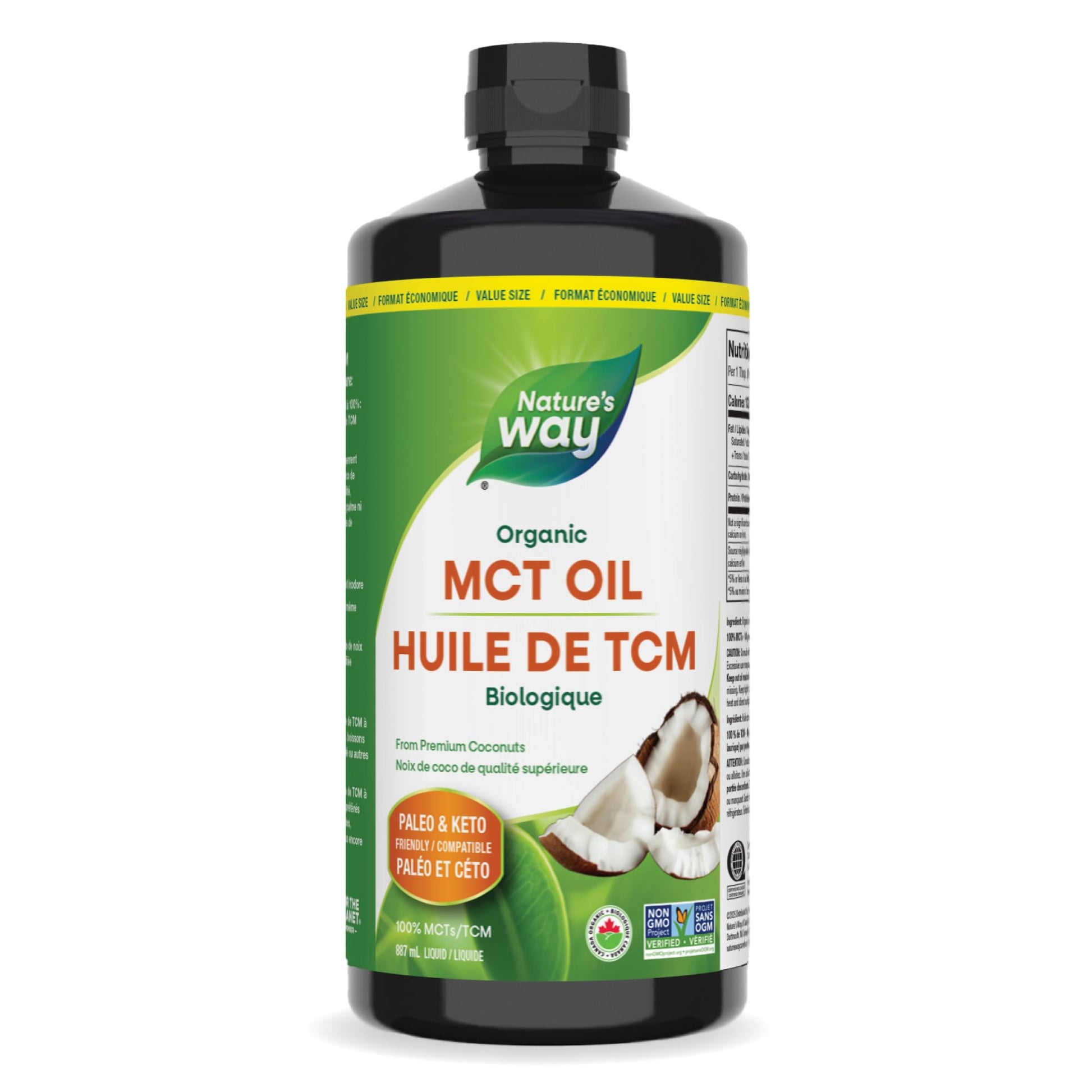 Nature's Way 100% Pure MCT Oil From Coconut – 14g MCT Per Serving – Paleo and Keto friendly – Certified Organic – Non-GMO Project Verified – Vegetarian, Gluten-free, & Flavourless – 887 mL, Value Size Nature's Way