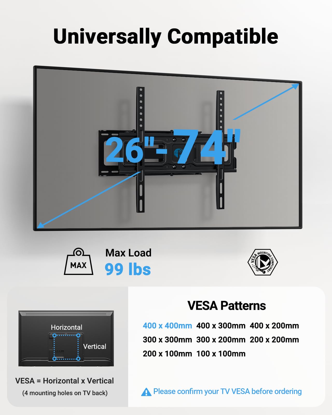 Pipishell Full Motion TV Wall Mount for 26-74 inch TVs, up to 99lbs Max VESA 400x400mm, Wall Mount TV Bracket with Articulating Swivel Extension Tilting Leveling for LED LCD OLED 4K Flat Curved Screen