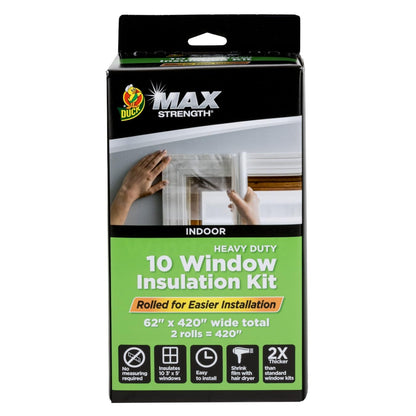 Duck MAX Strength Window Insulation Kit, Winter Window Seal Kit Fits up to 10 Windows, Heavy Duty Shrink Film Cuts to Size for Easy Indoor Installation, Window Tape Included,62 in. x 420 in., Clear
