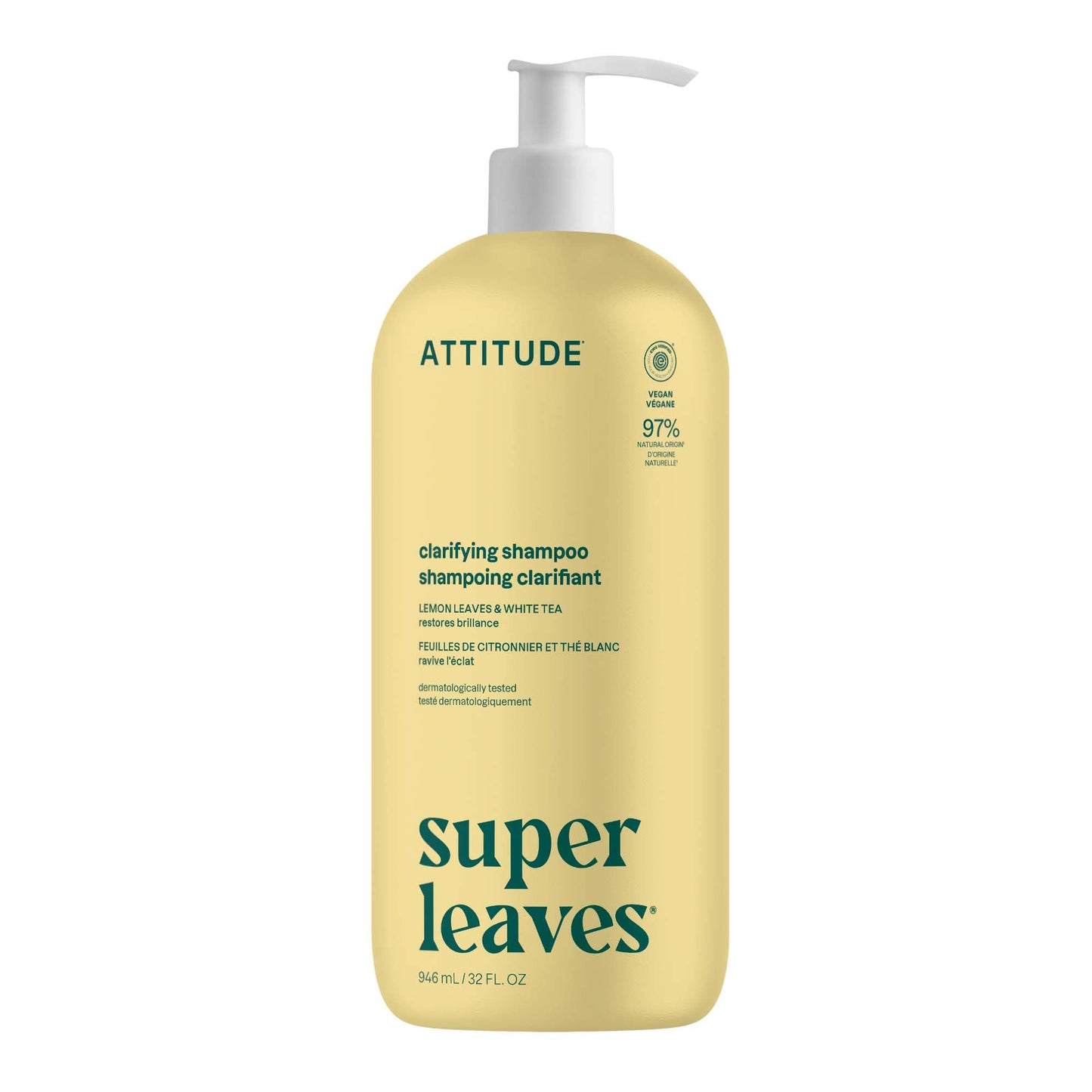 ATTITUDE Clarifying Hair Shampoo, EWG Verified, Restores Shine, Naturally Derived Ingredients, Vegan, Plant Based, Lemon Leaves & White Tea, 946 mL