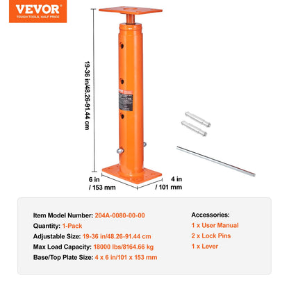 VEVOR House Floor Jack, 19"-36" Height Range, 18000 lbs Max Load Capacity, Adjustable Support Beam Basement Jack Post Pole for Leveling, Lift Support Steel Telescoping Jack Post for Temporary Support VEVOR