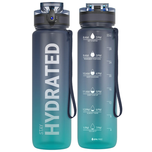 Sahara Sailor Water Bottle, 32oz Motivational Sports Water Bottle with Time Marker - Times to Drink - Tritan, BPA Free, Wide Mouth Leakproof, Fast Flow Technology with Clean Brush (1 Bottle)
