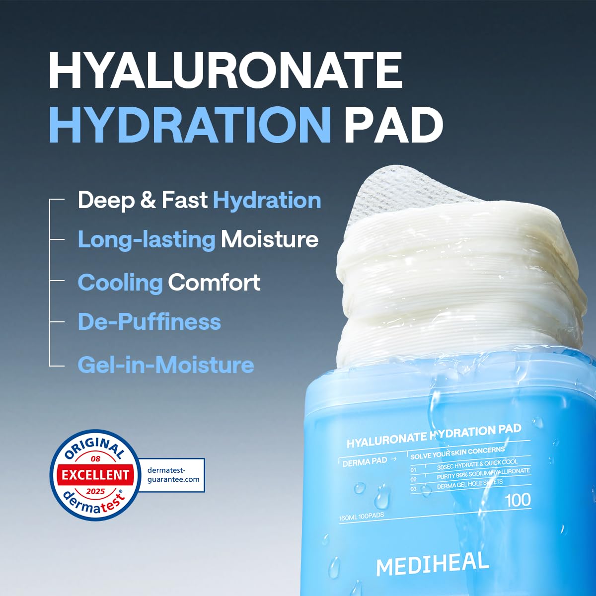 MEDIHEAL Hyaluronic Acid Toner Pads – Korean Skin Care, 99% Pure Low-Molecular Hyaluronic Acid with 8 HA Types & Glucose Hydro Complex, Deep Hydration & Cooling Care, Gel Hole Fabric, 100 pads