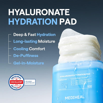 MEDIHEAL Hyaluronic Acid Toner Pads – Korean Skin Care, 99% Pure Low-Molecular Hyaluronic Acid with 8 HA Types & Glucose Hydro Complex, Deep Hydration & Cooling Care, Gel Hole Fabric, 100 pads