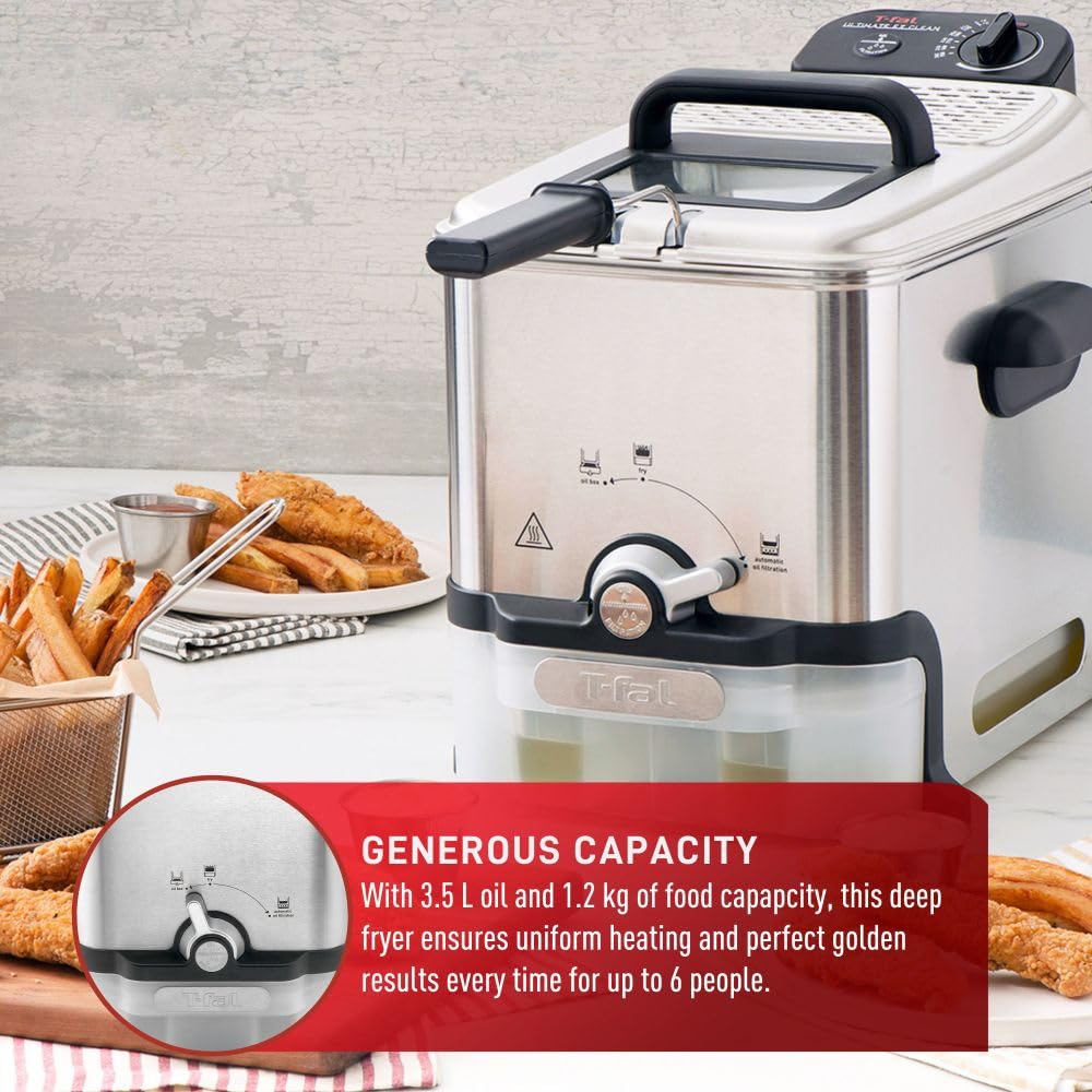 T-fal 3.5L Deep Fryer with Oil Filtration System: 1700W Stainless Steel Fryer, Dishwasher Safe Parts, Digital Timer, Adjustable Temperature Control for Perfect Golden Crispy Results T-Fal