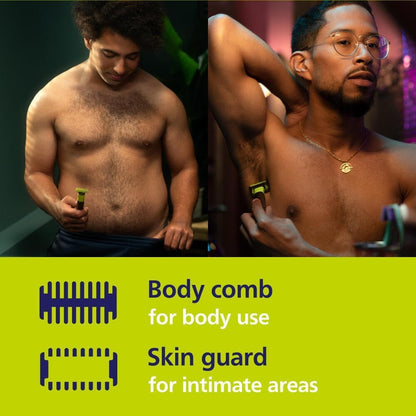 Philips OneBlade 360 with Connectivity Hybrid Face + Body, Electric Shaver, Beard Trimmer and Body Groomer, 360 Blade Tech, 1x360 Blade for Face, 5in1 Adjustable Comb, Body Kit, Travel Case, QP4631/65 - Available at All In One Marketplace Canada