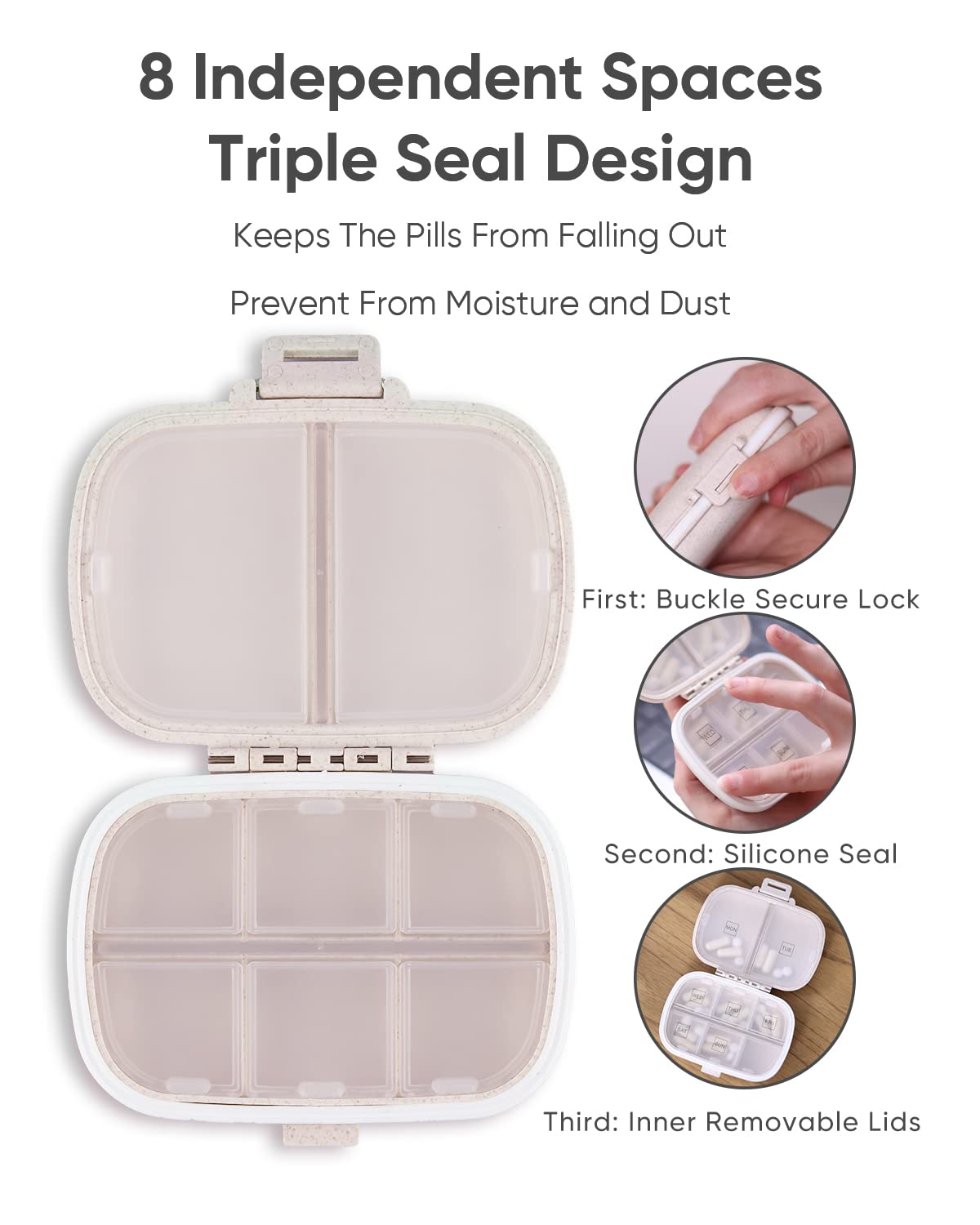 Holii Travel Pill Organizer, 8 Compartments Portable Pill Case, Daily Pill Box to Hold Vitamins, Small Pill Container for Pocket Purse Medicine Organizer（Khaki） - Available at All In One Marketplace Canada