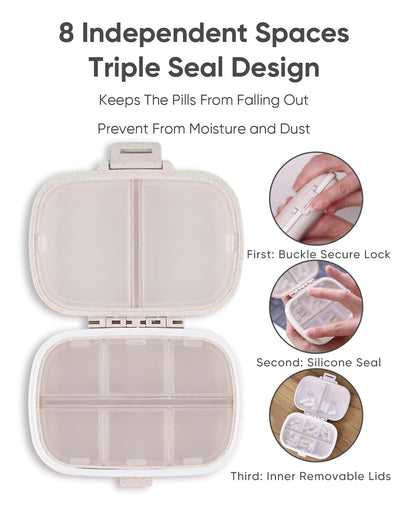 Holii Travel Pill Organizer, 8 Compartments Portable Pill Case, Daily Pill Box to Hold Vitamins, Small Pill Container for Pocket Purse Medicine Organizer（Khaki） - Available at All In One Marketplace Canada
