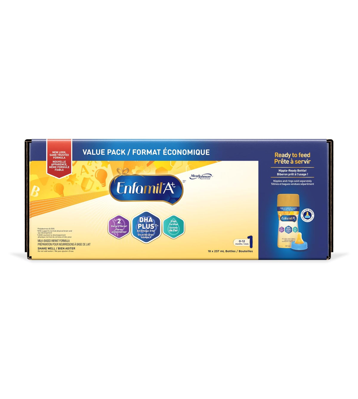 Enfamil A+, Baby Formula, Ready to Feed Bottles, DHA (a type of Omega-3 fat) to help support brain development, Age 0-12 months, 237ml x 18 count (Packaging May Vary)
