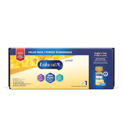 Enfamil A+, Baby Formula, Ready to Feed Bottles, DHA (a type of Omega-3 fat) to help support brain development, Age 0-12 months, 237ml x 18 count (Packaging May Vary)
