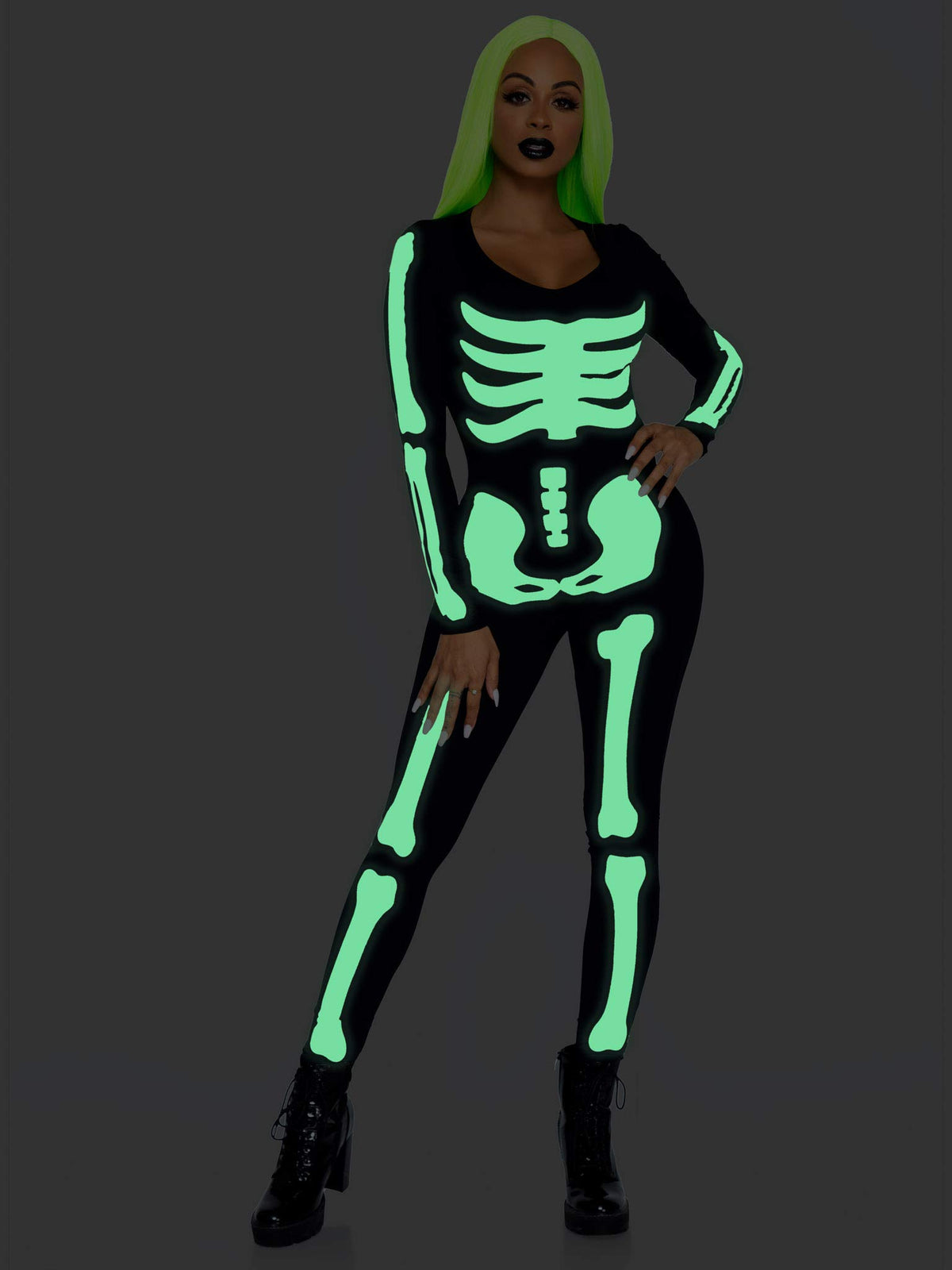 Leg Avenue Women's Glow in The Dark Skeleton Bodysuit Halloween Costume, Black/White, X-Large