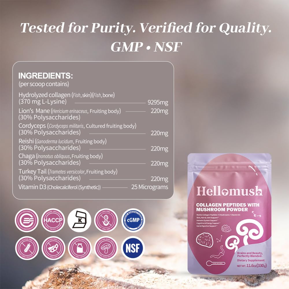 Hellomush Marine Collagen Peptides with Functional Mushroom Blend - 330g