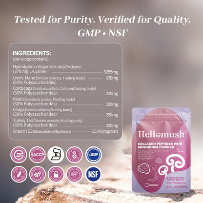 Hellomush Marine Collagen Peptides with Functional Mushroom Blend - 330g