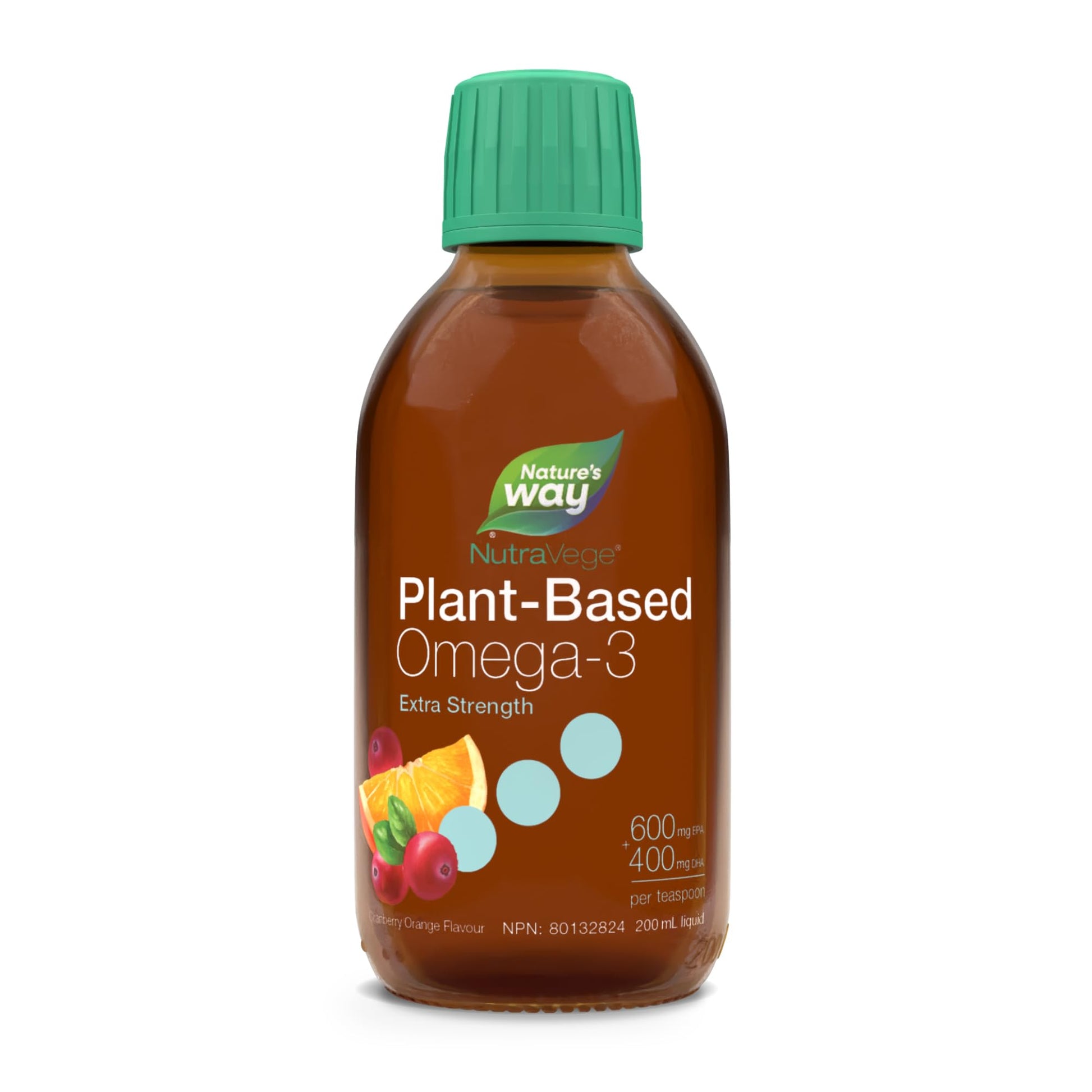 Nature's Way NutraVege Plant-based Omega-3 Extra Strength Vegetarian Liquid Supplement - 1000mg EPA + DHA - Cranberry Orange Flavour – Supports Healthy Heart, Eyes and Brain Function in Adults, 200 mL Nature's Way