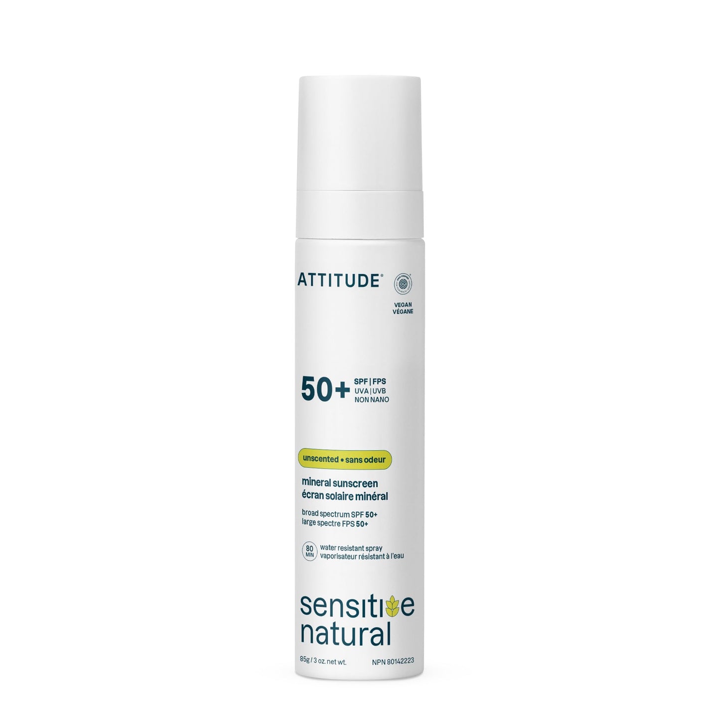 ATTITUDE Sensitive Skin Mineral Sunscreen Lightweight Lotion SPF 50, Broad Spectrum Zinc Oxide, EWG Verified, Mineral-Based, Non-Nano, Water-Resistant 80 Minutes, Non-Greasy for Face & Body, Vegan, Unscented, 80 grams - Available at All In One Marketplace Canada