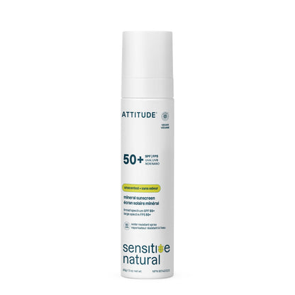 ATTITUDE Sensitive Skin Mineral Sunscreen Lightweight Lotion SPF 50, Broad Spectrum Zinc Oxide, EWG Verified, Mineral-Based, Non-Nano, Water-Resistant 80 Minutes, Non-Greasy for Face & Body, Vegan, Unscented, 80 grams - Available at All In One Marketplace Canada