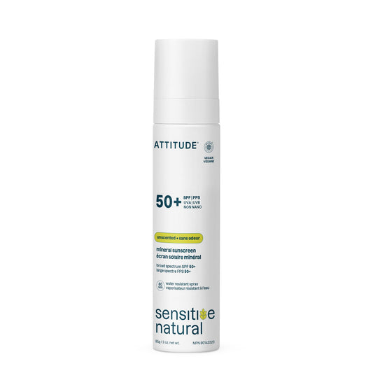 ATTITUDE Sensitive Skin Mineral Sunscreen Lightweight Lotion SPF 50, Broad Spectrum Zinc Oxide, EWG Verified, Mineral-Based, Non-Nano, Water-Resistant 80 Minutes, Non-Greasy for Face & Body, Vegan, Unscented, 80 grams - Available at All In One Marketplace Canada
