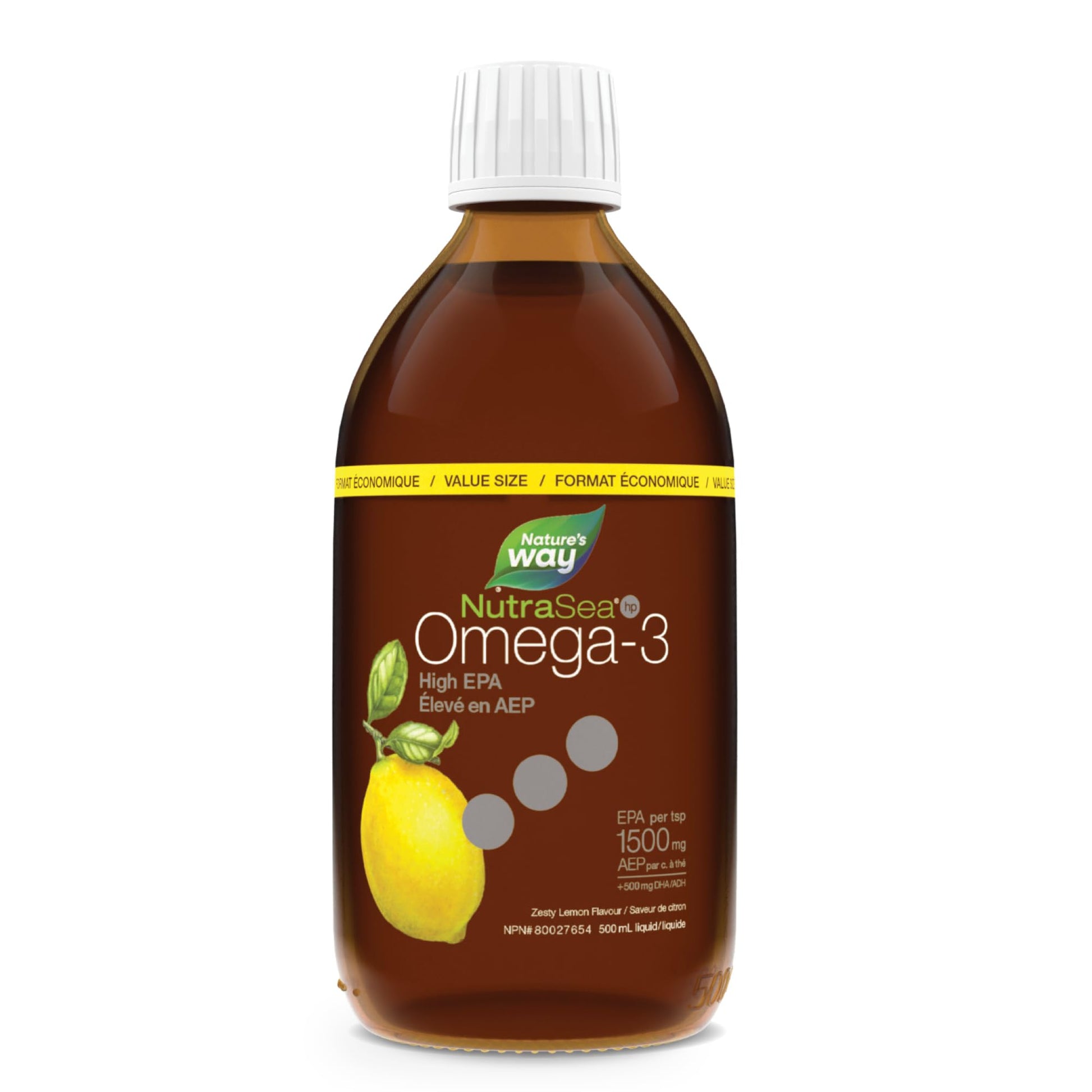 Nature's Way NutraSea HP Omega 3 High EPA Fish Oil Liquid Supplement for Adults and Kids Ages 1+ – Zesty Lemon Flavour – Heart & Brain Support – 1500mg EPA, 500 mL Value Size Nature's Way