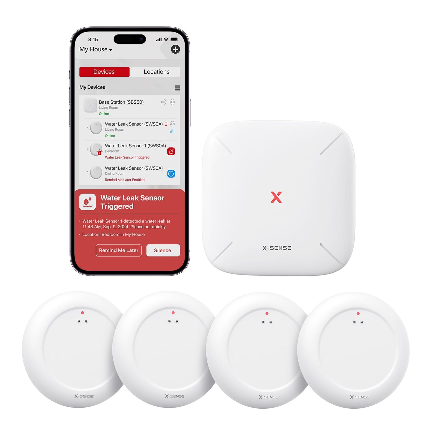 X-Sense Wi-Fi Water Leak Detector Kit, Smart Water Sensor Alarm with App Alerts and Ultra-Slim Design, Water Alarm Leak Detector for Basements, 4 Water Sensors and 1 Base Station, Model SWS0A41 - Available at All In One Marketplace Canada