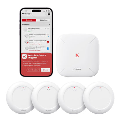 X-Sense Wi-Fi Water Leak Detector Kit, Smart Water Sensor Alarm with App Alerts and Ultra-Slim Design, Water Alarm Leak Detector for Basements, 4 Water Sensors and 1 Base Station, Model SWS0A41 - Available at All In One Marketplace Canada