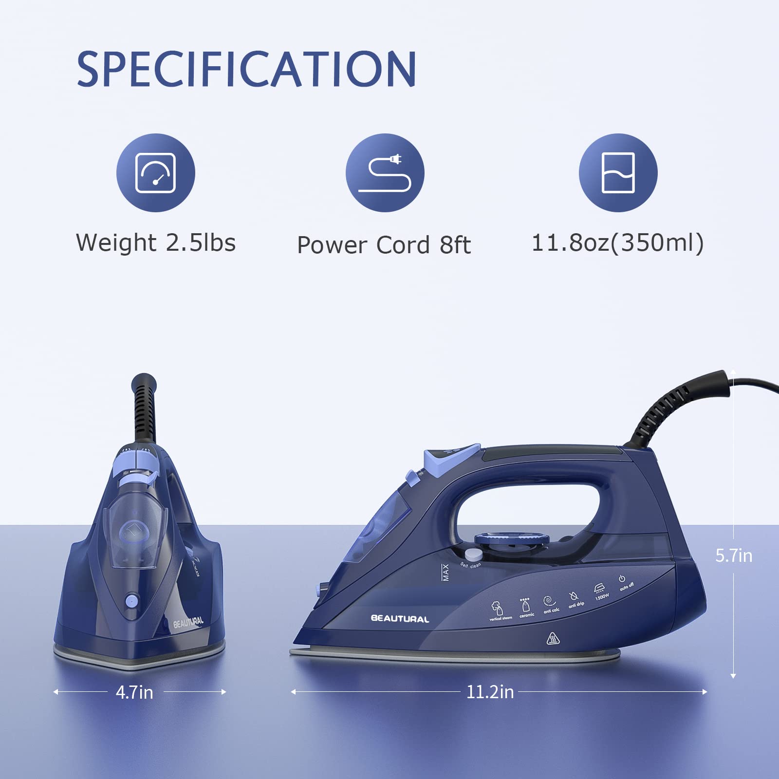 BEAUTURAL Steam Iron for Clothes with Precision Thermostat Dial, Ceramic Coated Soleplate, 3-Way Auto-Off, Self-Cleaning, Anti-Calcium, Anti-Drip - Available at All In One Marketplace Canada