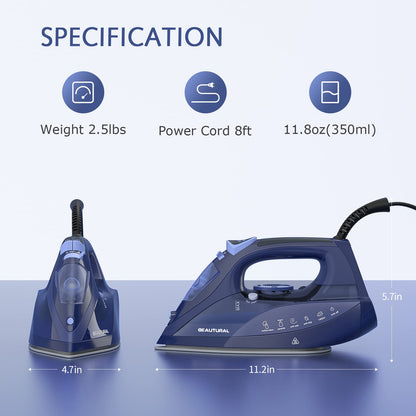 BEAUTURAL Steam Iron for Clothes with Precision Thermostat Dial, Ceramic Coated Soleplate, 3-Way Auto-Off, Self-Cleaning, Anti-Calcium, Anti-Drip - Available at All In One Marketplace Canada