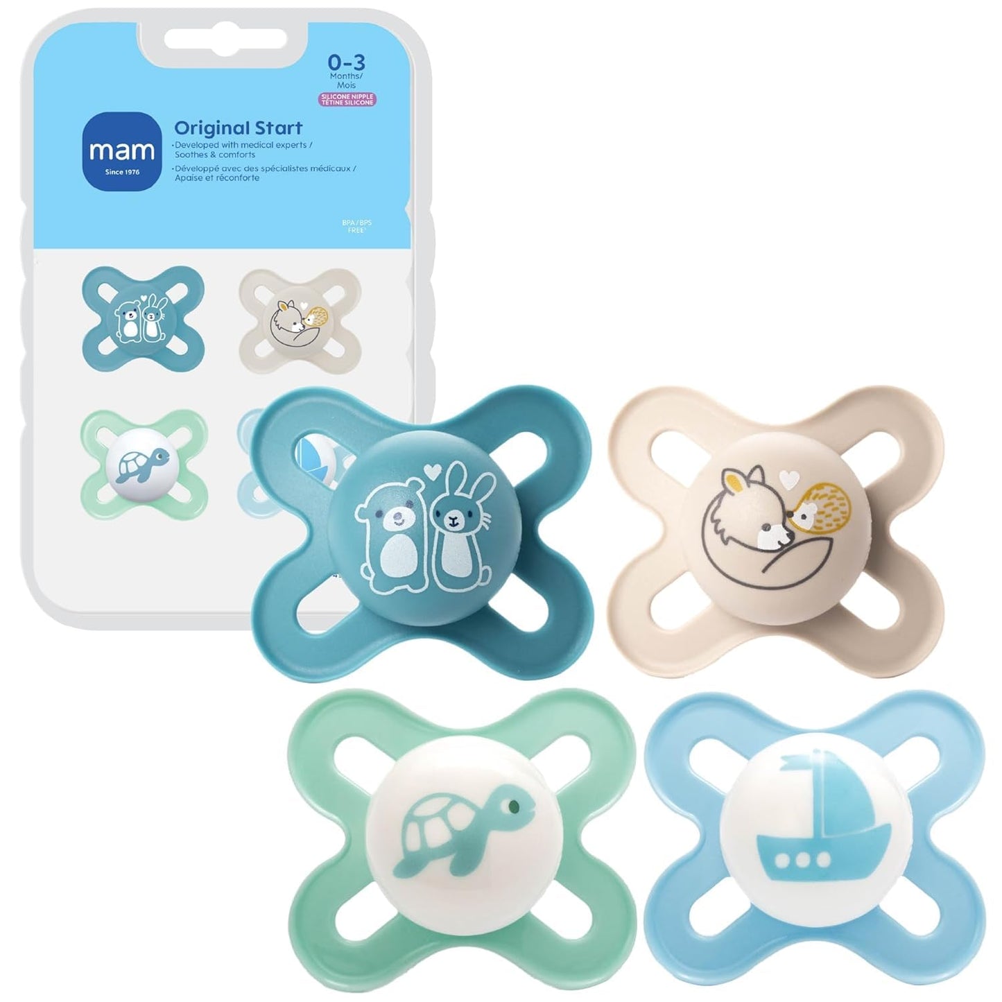 MAM Original Start Baby Pacifiers 0-3 Mths Skin Soft Silicone, 4 Pack 🍁 All In One Marketplace Canada