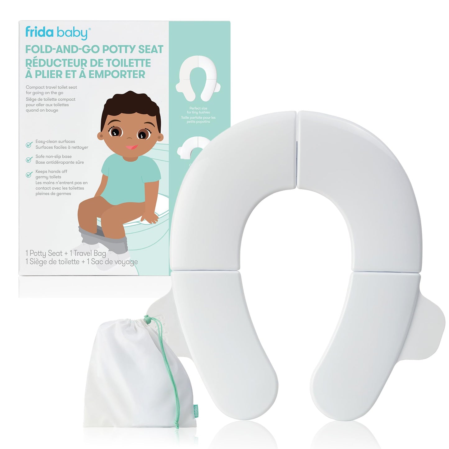 Frida Baby Fold-and-Go Potty Seat for Toilet, Foldable Travel Potty Seat for Toddler, Fits Round & Oval Toilets, Non-Slip Base, Handles, Includes Free Travel Bag - Available at All In One Marketplace Canada