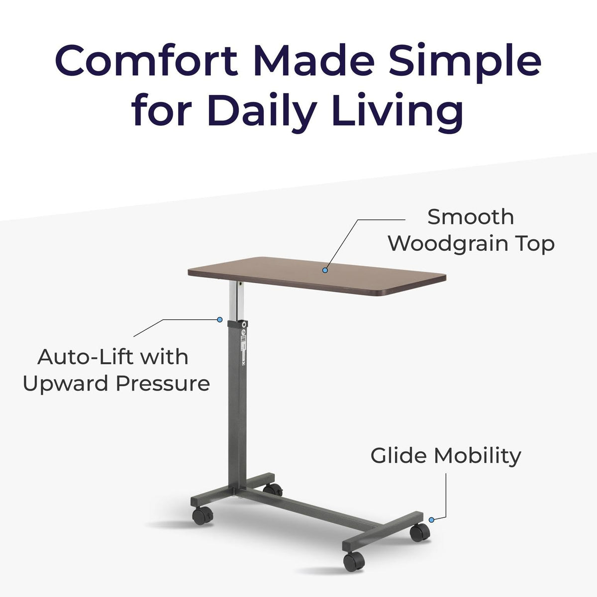 Drive Medical 13067 Non Tilt Top Overbed Table with Wheels, BedSide Table, Adjustable Overbed Rolling Table, Adjustable Standing Desk or Hospital Tray Table with Secure Height Adjustment, Silver Vein