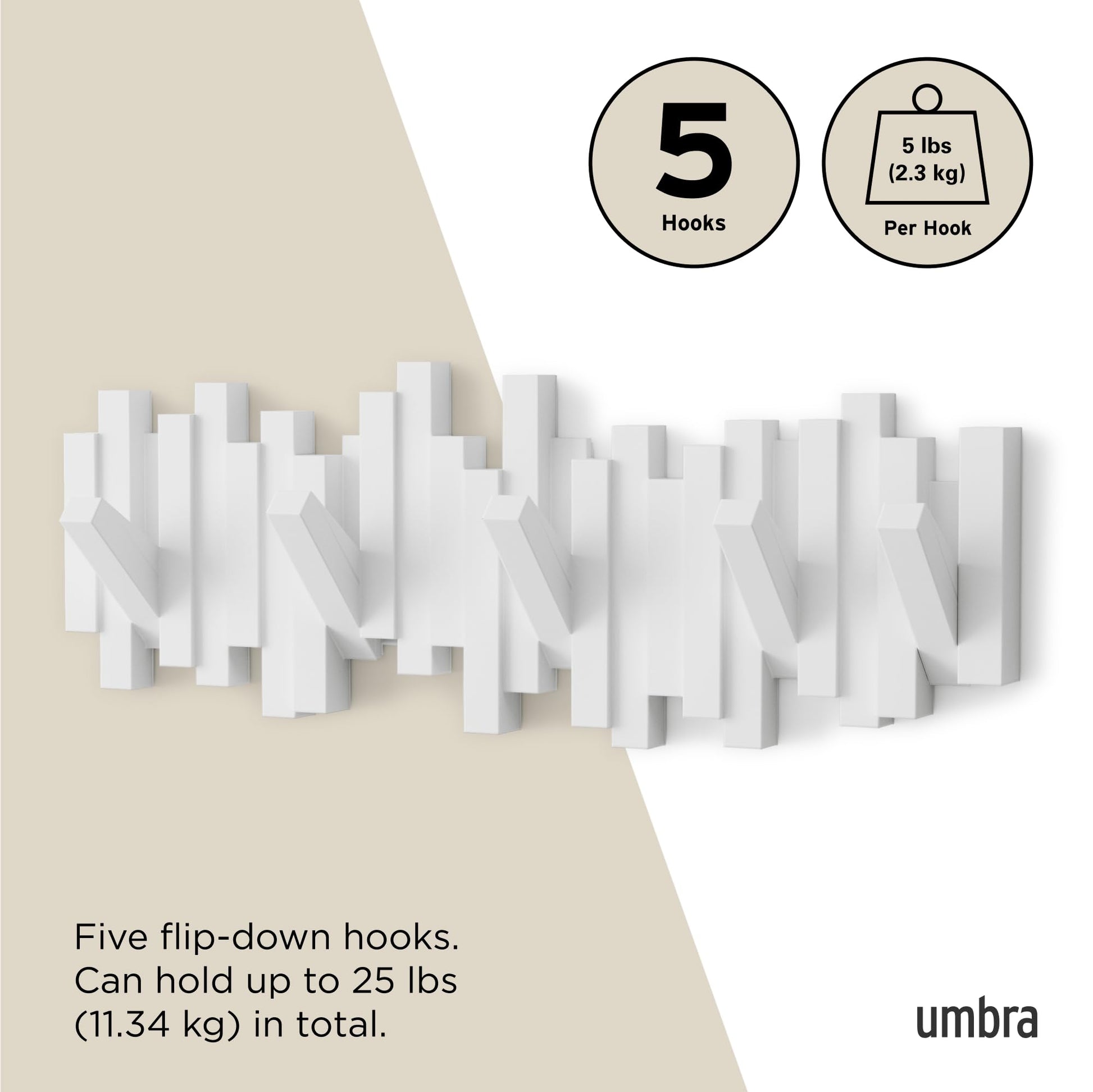 Umbra Sticks Wall-Mounted Coat Rack Rail Hook with 5 Retractable Pegs – Modern, Space-Saving Storage Organizer, White Umbra