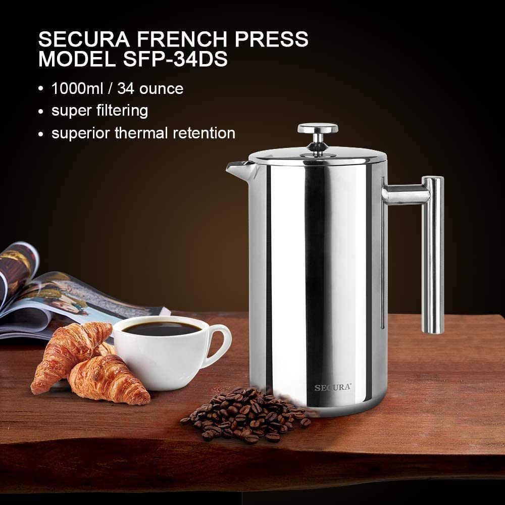 Secura French Press Coffee Maker, 304 Grade Stainless Steel Insulated Coffee Press with 2 Extra Screens, 34oz (1 Litre), Silver - Available at All In One Marketplace Canada