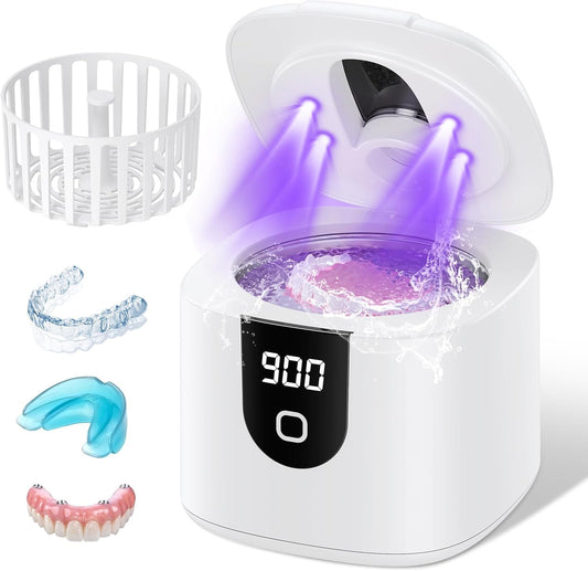 Ultrasonic Retainer Cleaner Machine, Upgraded 45kHz Ultrasonic Cleaner for Mouth Guard Braces, Night Guards, Toothbrush Heads & Jewlery with 200ML, 4 Modes and Digital Timer Dental Cleaning Pod (White) - Available at All In One Marketplace Canada