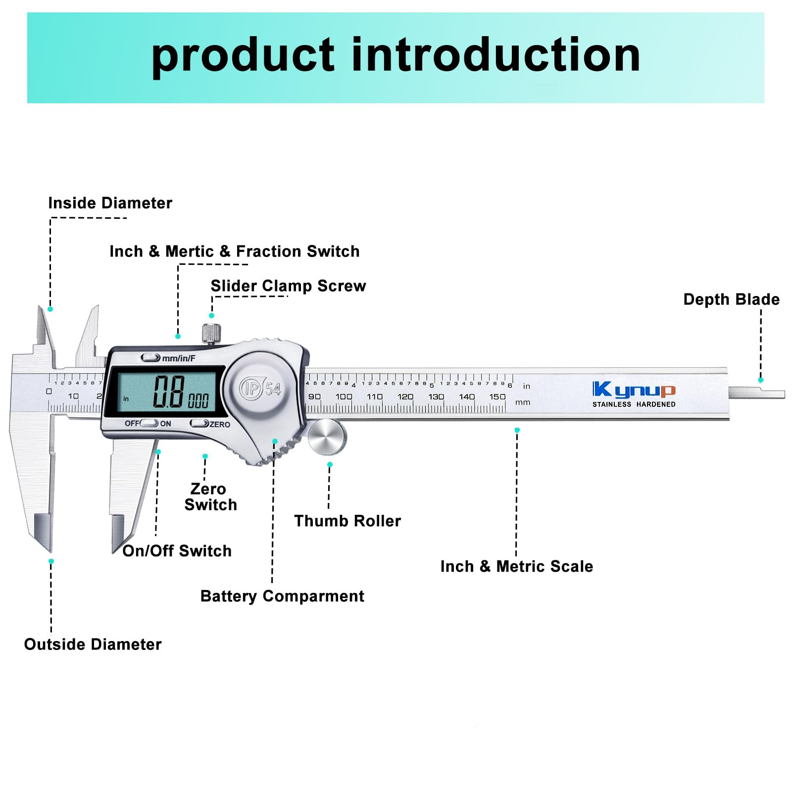 Kynup Digital Caliper, Calipers 6 Inch Measuring Tool with Stainless Steel, IP54 Splash Proof Protection Design, Easy Switch from Inch Metric Fraction, Large LCD Screen (150mm)