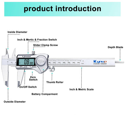 Kynup Digital Caliper, Calipers 6 Inch Measuring Tool with Stainless Steel, IP54 Splash Proof Protection Design, Easy Switch from Inch Metric Fraction, Large LCD Screen (150mm)