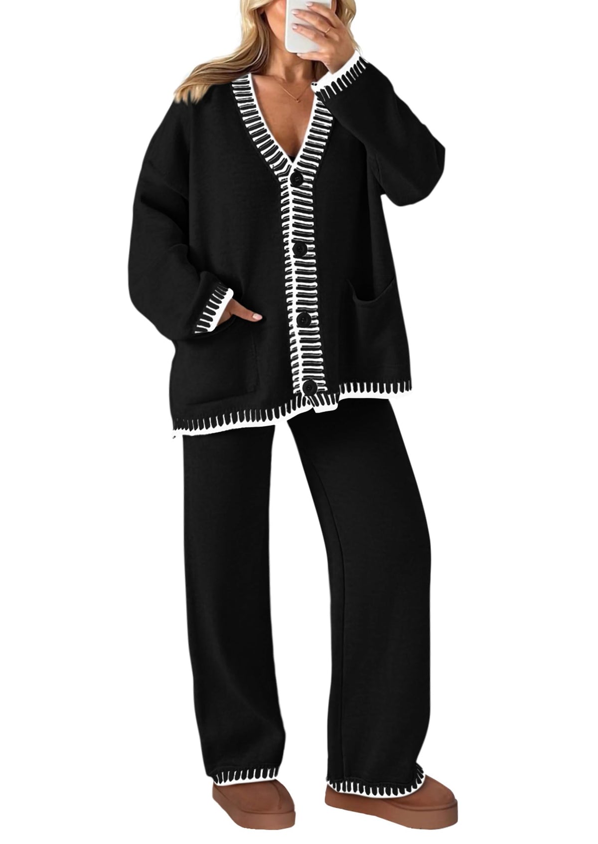 PRETTYGARDEN Women's Fall 2 Piece Knit Sweater Lounge Set(Black,XL) 🍁 All In One Marketplace Canada