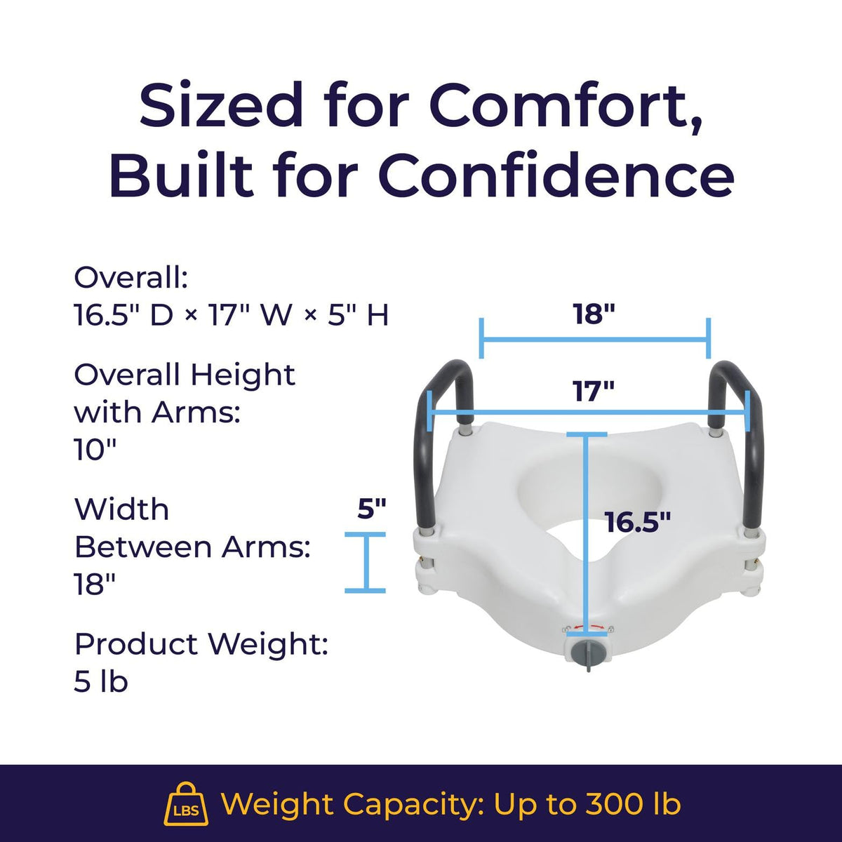 Drive Medical RTL12027RA 2-in-1 Raised Toilet Seat with Removable Padded Arms, Standard Seat