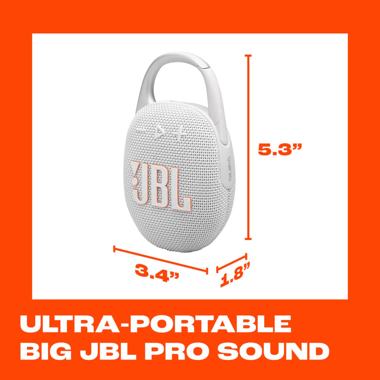 JBL Clip 5 - Ultra-Portable, Waterproof and Dustproof Bluetooth Speaker, Integrated Carabiner, Up to 12 Hours of Play, Made in Part with Recycled Materials (White)