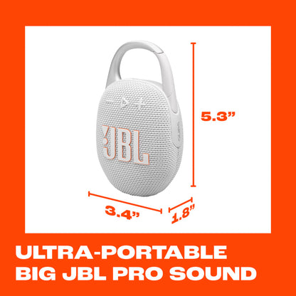 JBL Clip 5 - Ultra-Portable, Waterproof and Dustproof Bluetooth Speaker, Integrated Carabiner, Up to 12 Hours of Play, Made in Part with Recycled Materials (White)