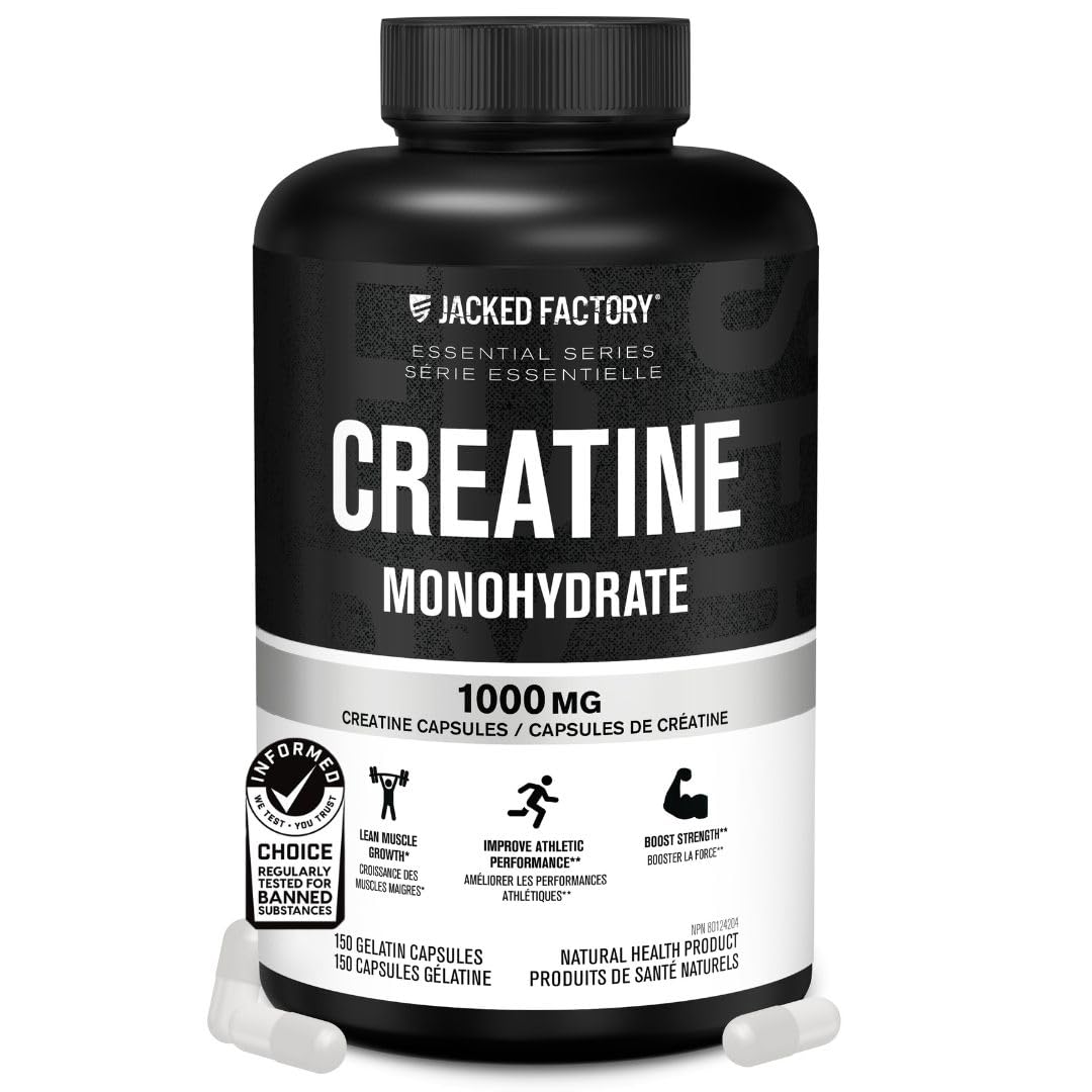 Jacked Factory Creatine Monohydrate Capsules - Canadian-Owned Supplement for Muscle Growth, Increased Strength, Enhanced Energy Output, and Improved Athletic Performance - 150 Pills