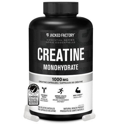 Jacked Factory Creatine Monohydrate Capsules - Canadian-Owned Supplement for Muscle Growth, Increased Strength, Enhanced Energy Output, and Improved Athletic Performance - 150 Pills