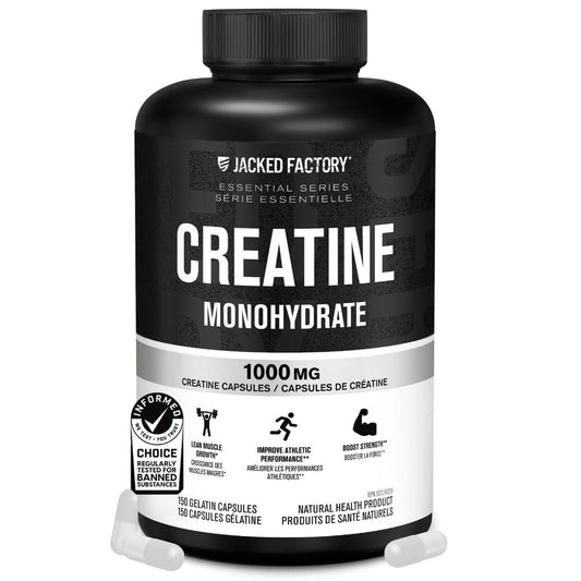Jacked Factory Creatine Monohydrate Capsules - Canadian-Owned Supplement for Muscle Growth, Increased Strength, Enhanced Energy Output, and Improved Athletic Performance - 150 Pills