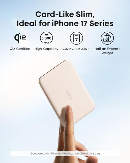 Anker Nano Power Bank, Ultra-Slim 5,000mAh Magnetic Battery Pack, Qi2 Certified 15W Max Ultra-Fast MagSafe-Compatible Portable Charger, Ergonomic Design, for iPhone Air/17/16/15 Series (Not for Pixel)