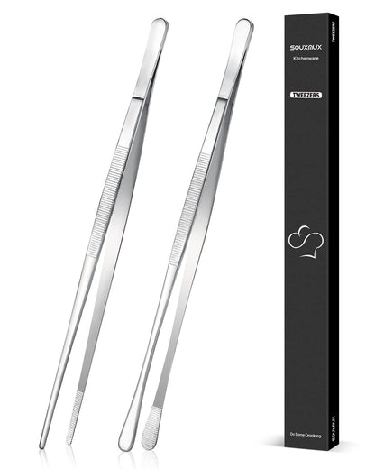 2 Pcs 12-inch Cooking Tweezers Tongs Precision Serrated Tips, Stainless Steel Professional Chef Tweezer Kitchen Tools for BBQ, Plating and Serving - Available at All In One Marketplace Canada