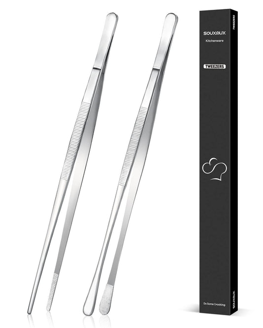 2 Pcs 12-inch Cooking Tweezers Tongs Precision Serrated Tips, Stainless Steel Professional Chef Tweezer Kitchen Tools for BBQ, Plating and Serving - Available at All In One Marketplace Canada