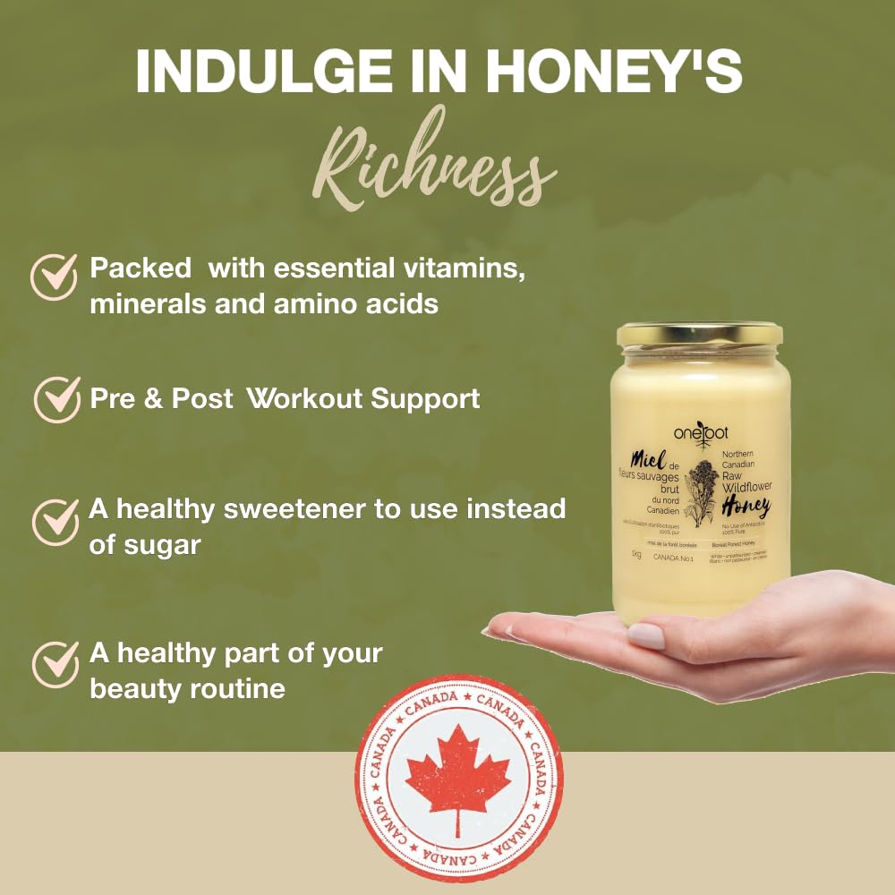 ONEROOT Raw Wildflower Honey | Unpasteurized Boreal Forest Variety | Creamed, Canadian-Farmed & Bottled | Single-Source Pure, Raw & Unfiltered (1kg)