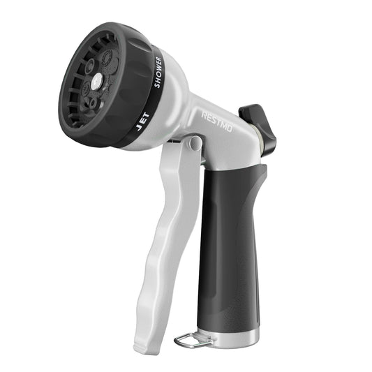 RESTMO Garden Hose Nozzle, Heavy Duty Metal Water Hose Nozzle with 7 Adjustable Spray Patterns, High Pressure Hand Sprayer with Flow Control, Best for Watering Plant & Lawn, Washing Car & Pet, Black