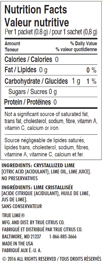 True Lime Water Enhancer - Sugar Free, 0 Calories, 100% Natural Lime Flavor - 100 Single-Serve Packets (Bilingual Label)