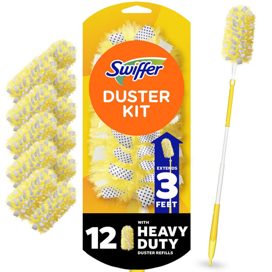 Swiffer Duster Kit with 3 ft Extendable Handle, Heavy Duty Dusting Starter Kit with 12 Refills, for Ceiling Fans, Vents and Hard to Reach Places - Available at All In One Marketplace Canada