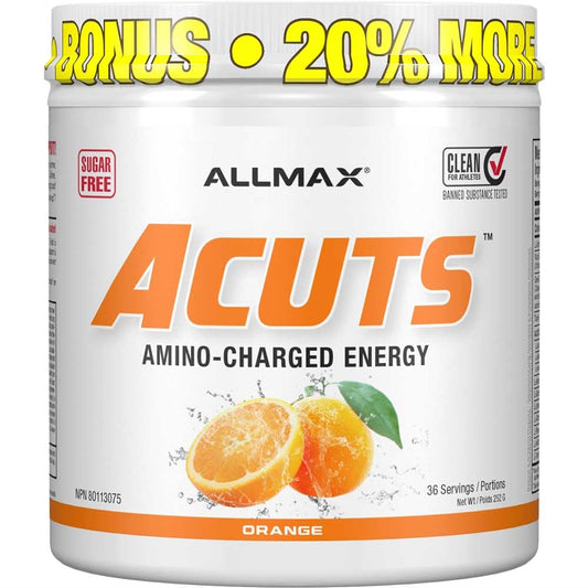 ALLMAX ACUTS Amino Energy Powder with Amino Acids Supplement, Orange, 36 Servings, Caffeine, Green Coffee Extract, 2000 mg Taurine, L-Carnitine, Sugar Free, Gluten & Dye Free, Amino Acid Drink