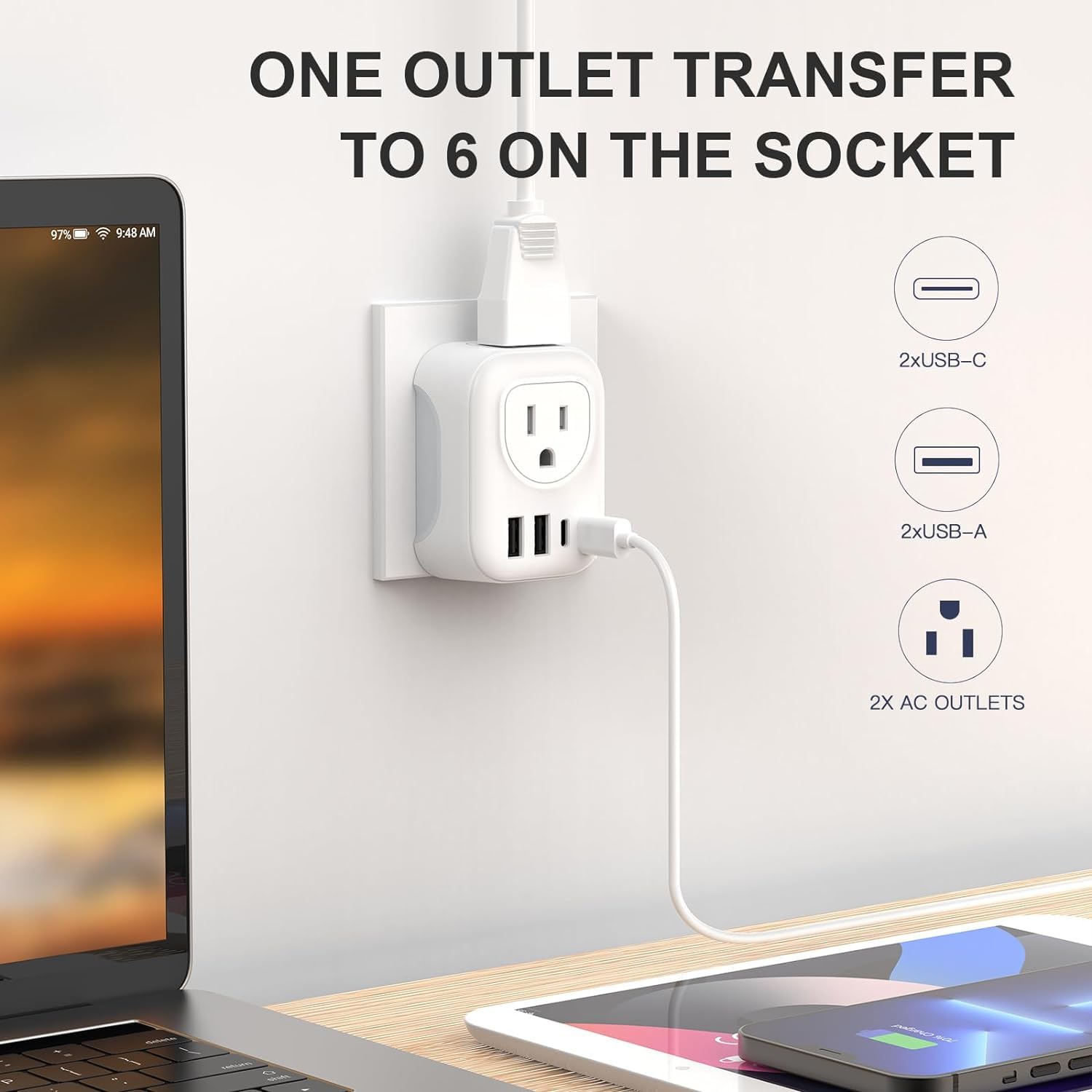 2 Pack European Travel Plug Adapter, VYLEE International Travel Adapter with 2 Outlets 4 USB Ports(2 USB C), 6 in 1 Type C Travel Essentials Charger for US to Most of Europe EU Italy Spain France - Available at All In One Marketplace Canada